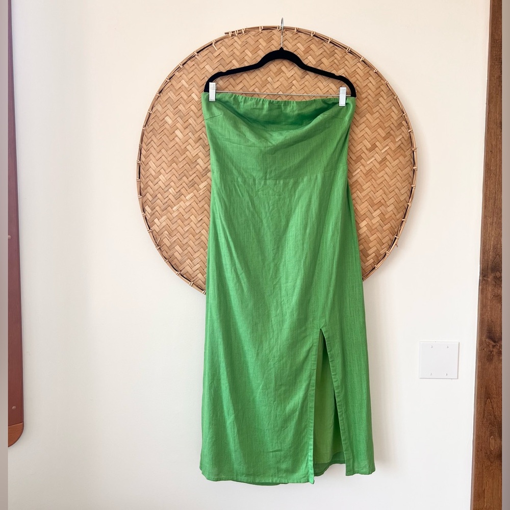 SNDYS. SERENA FLOWY MIDI LINEN STRAPLESS DRESS SMOCKED BACK PANEL SIDE-SLIT NWT - Picture 4 of 11